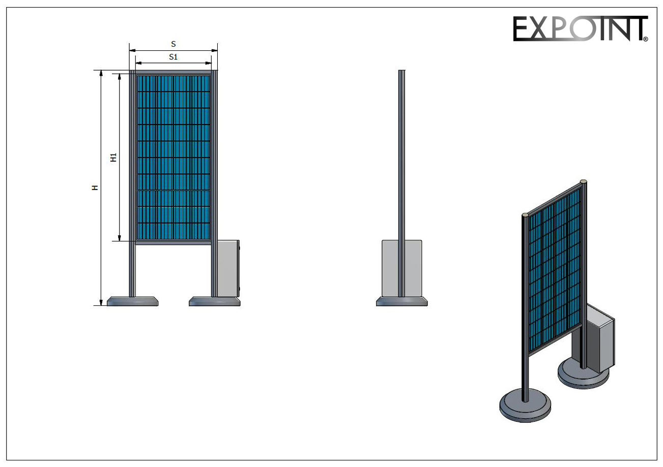 Schéma fotovoltaických panelů, které napájí LED osvětlení, umístěných na jednotlivém venkovním výstavním panelu Elegant s betonovými podstavci pro zajištění stability.