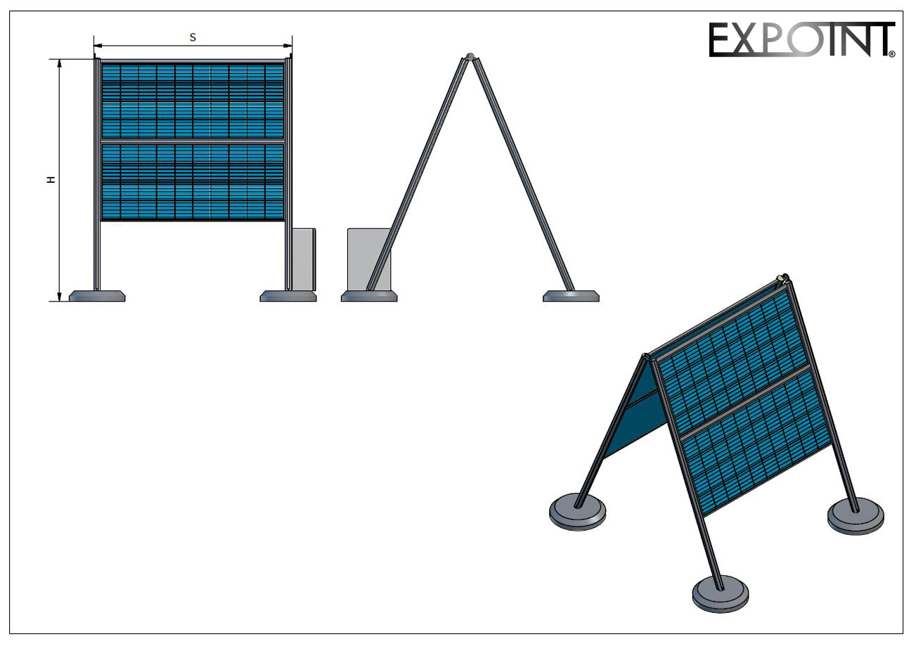 Schéma fotovoltaických panelů, které napájí LED osvětlení, umístěných na jednotlivém exteriérovém výstavním panelu Elegant superstabilním, který zajišťuje maximální stabilitu a odolnost povětrnostním vlivům osvětlené venkovní expozice.