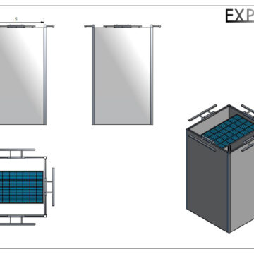 Schéma umístění fotovoltaického panelu, který napájí LED osvětlení, ve čtvercové sestavě exteriérových výstavních panelů Effect Q2