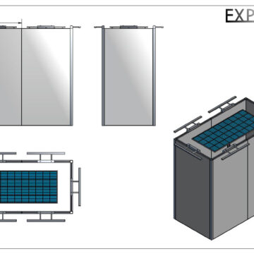 Schéma umístění fotovoltaického panelu, který napájí LED osvětlení, ve dvojité čtvercové sestavě exteriérových výstavních panelů Effect Q2.