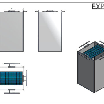 Schéma umístění fotovoltaického panelu, který napájí LED osvětlení, ve čtvercové sestavě exteriérových výstavních panelů Elegant.